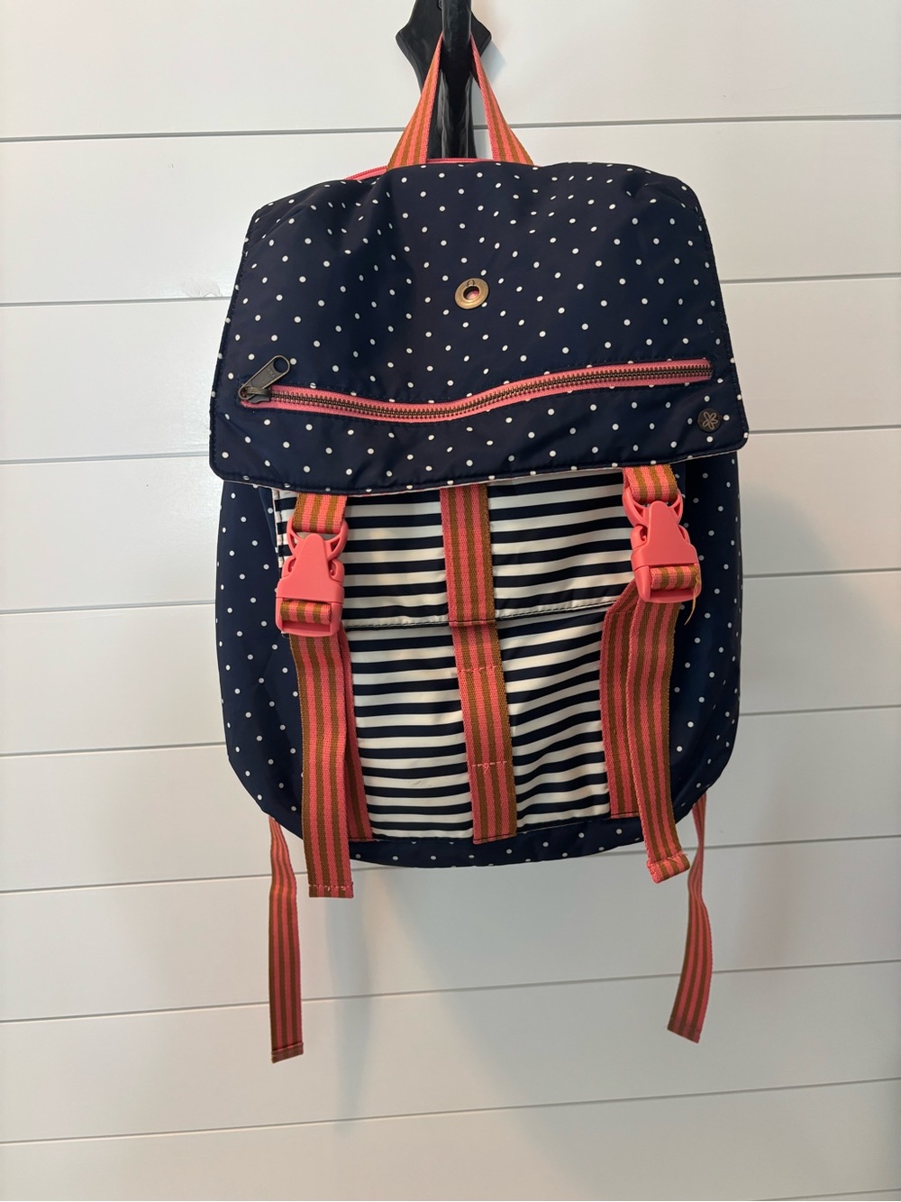 Matilda Jane Navy Polka Dot Backpack with Coral Accents